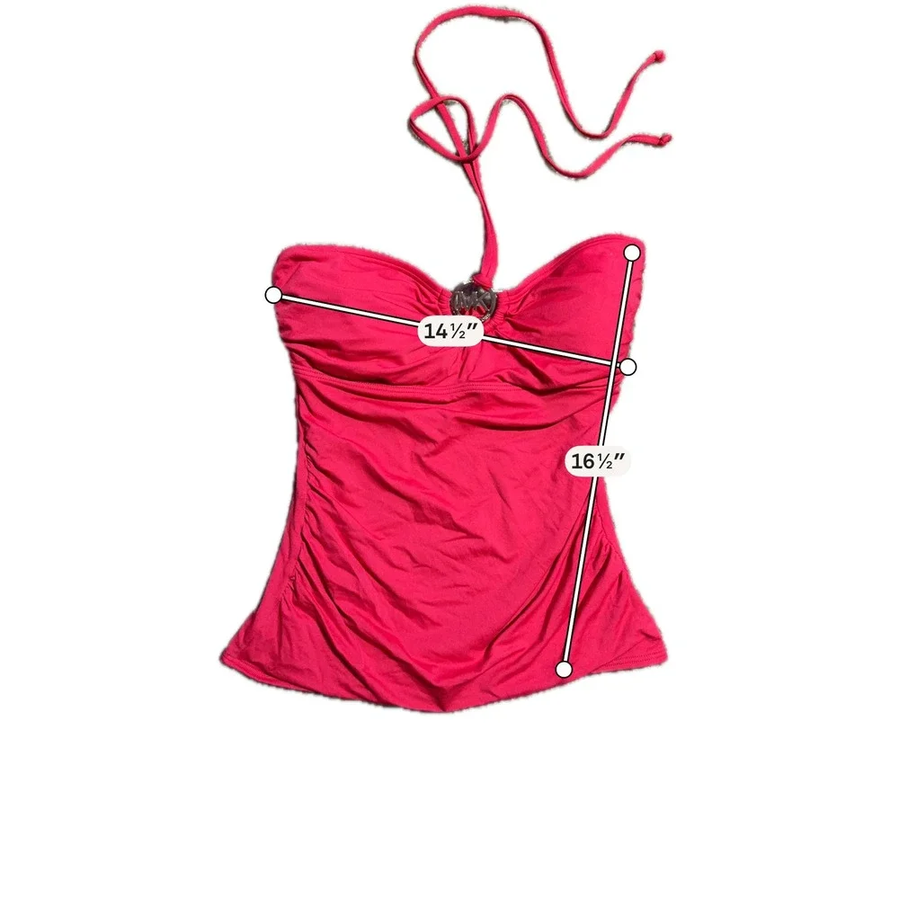 Michael Kors Pink Halter Tankini Top MK Logo Medallion Ruched Swimwear Small